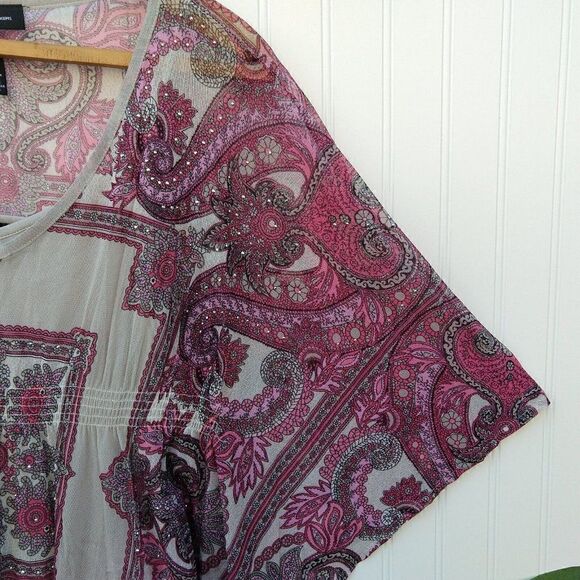 Y2K Mesh Batwing Sleeve Top Size M Pink Paisley Print Embellished Vintage Womens - Picture 4 of 9